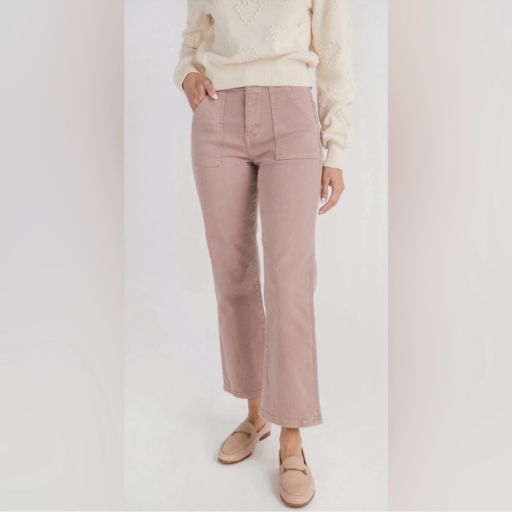 Risen Flare Jeans Square Pockets High Rise Ankle Cropped Stretch Mauve Pink